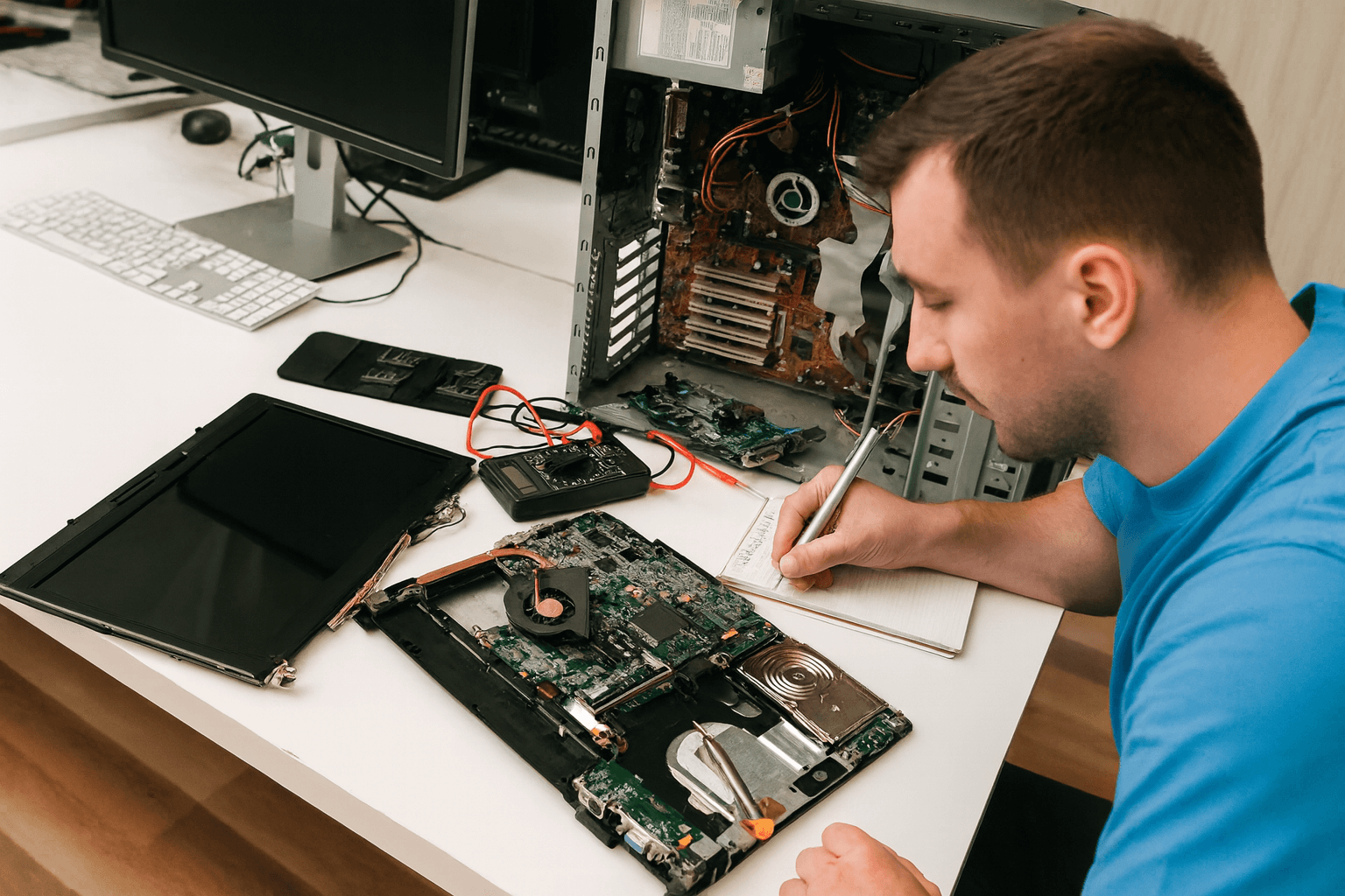 Professional technician working on computer repair and assembly at a clean workspace