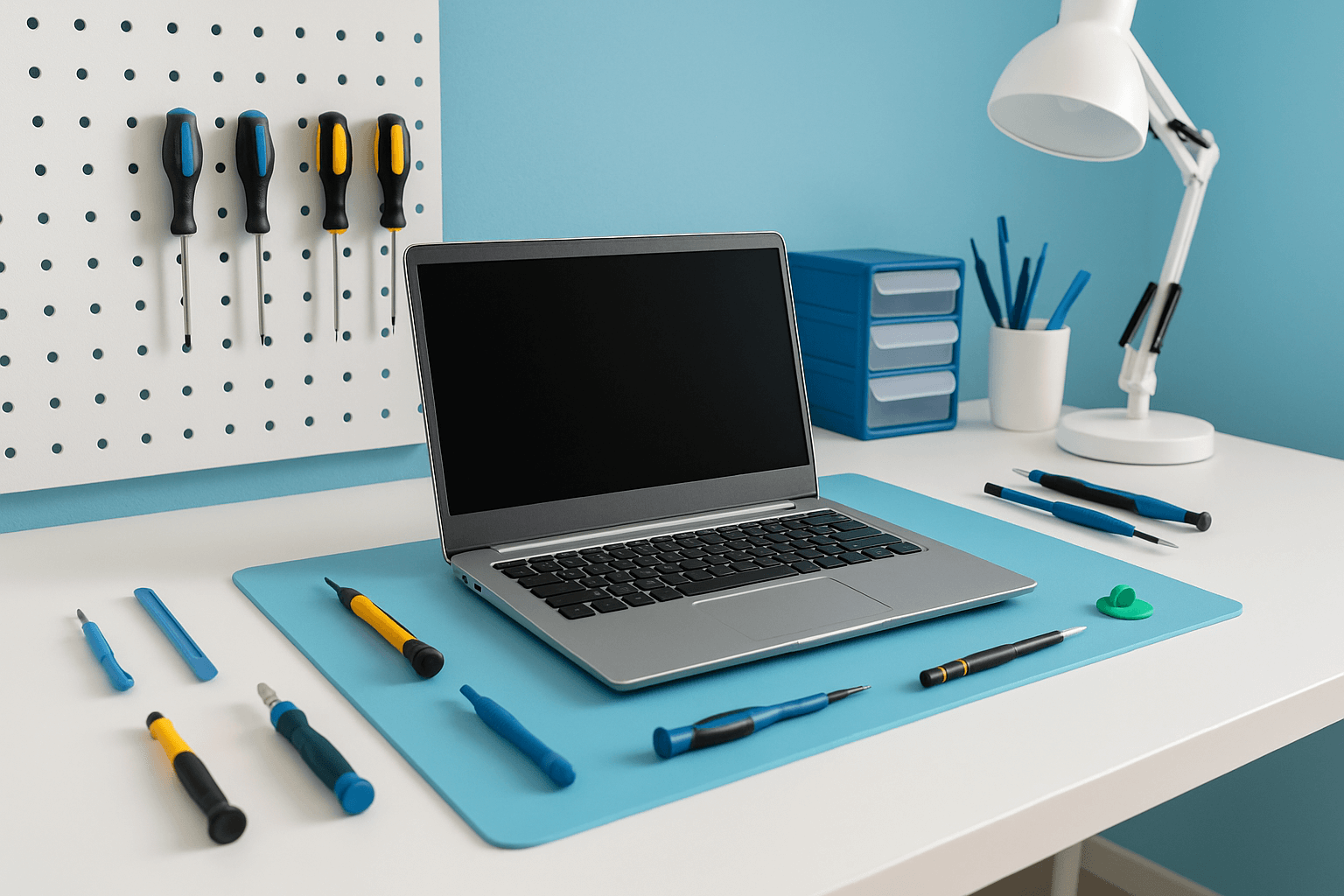 Professional electronics repair workspace with laptop, precision tools, and organised workbench - Repair Room expert service